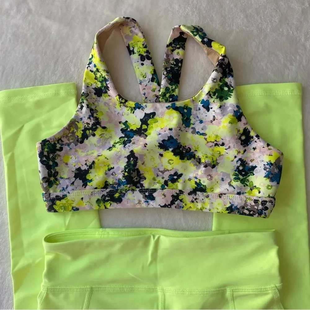 Old‎ Navy PowerSoft Leggings and Sports bra Set Neon Yellow Active Size 10/12